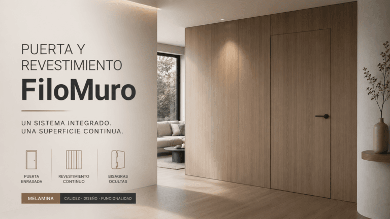 Puerta filo muro integrada con revestimiento de pared en madera, sistema sin marco visible Quento